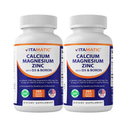 Vitamatic Calcium Magnesium Zinc D3 Boron bottle on a countertop for daily wellness.