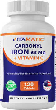 Vitamatic Carbonyl Iron 65 mg bottle shows gentle iron support for steady energy.