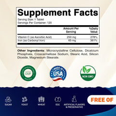 Close-up of Vitamatic Carbonyl Iron tablets highlighting their smooth texture and dosing.