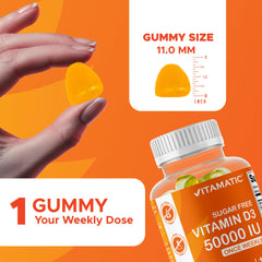 Vitamatic D3 bottle close-up showing label and 50,000 IU weekly potency.