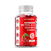 Vitamatic Extra Strength B12 Gummies bottle front showing 120-count container for energy support