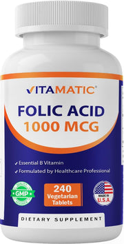 Vitamatic Folic Acid 1000 mcg bottle for prenatal nutrition.