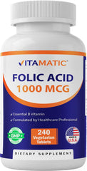 Vitamatic Folic Acid 1000 mcg bottle for prenatal nutrition.