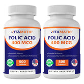 Vitamatic Folic Acid 400 mcg bottle with 500 vegetarian tablets for daily support