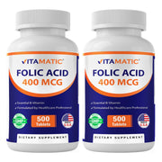Vitamatic Folic Acid 400 mcg bottle with 500 vegetarian tablets for daily support