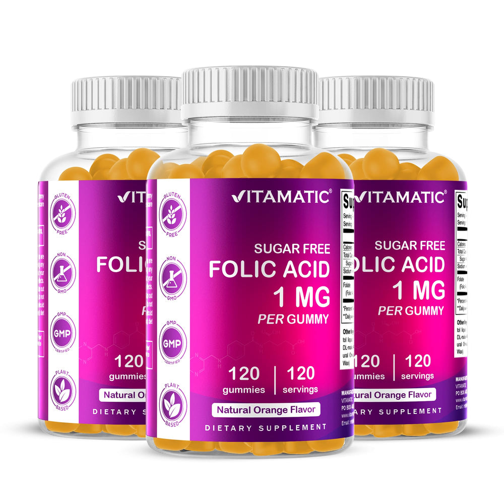 Vitamatic Folic Acid Gummies orange bottle – tasty prenatal boost with 1000 mcg per gummy