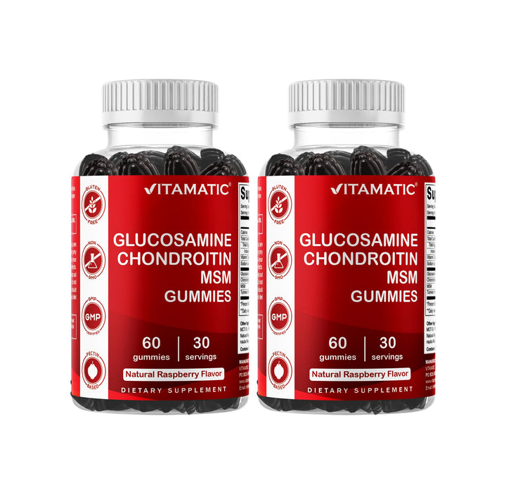 Vitamatic glucosamine chondroitin gummies bottle for daily joint support and flavor.
