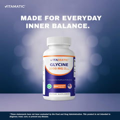 Vitamatic Glycine supplement bottle pouring—easy addition to your daily routine.