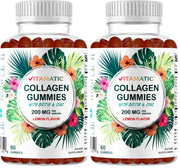 Vitamatic hydrolyzed collagen gummies bottle with tropical flavor for daily skin and hair support.