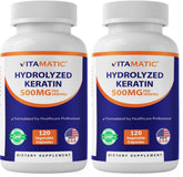 Vitamatic hydrolyzed keratin bottle showing per-serving 500 mg for hair, skin, nails health
