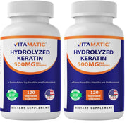 Vitamatic hydrolyzed keratin bottle showing per-serving 500 mg for hair, skin, nails health
