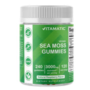 Vitamatic Irish Sea Moss Gummies bottle with raspberry flavor, vegan daily nutrition.