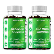 Vitamatic Irish Sea Moss Gummies raspberry bottle for daily wellness.