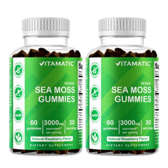 Vitamatic Irish Sea Moss Gummies raspberry bottle for daily wellness.