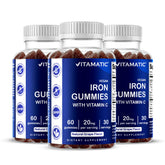 Vitamatic Iron Gummies bottle front shows grape flavor and daily iron support