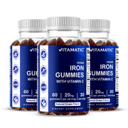 Vitamatic Iron Gummies bottle front shows grape flavor and daily iron support