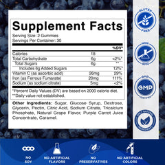 Vitamatic Iron Gummies natural grape flavor close-up demonstrates tasty iron intake