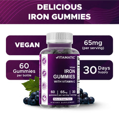 Vitamatic Iron gummies packaging with Vitamin C badge on display.