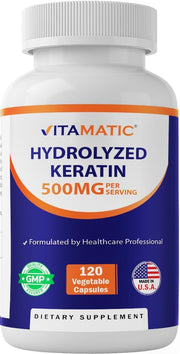 Vitamatic keratina hidrolizada en cápsulas, envase visible para el cuidado capilar