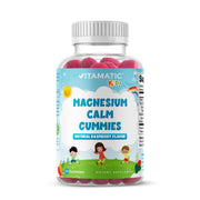 Vitamatic Kids Magnesium Calm Gummies bottle with raspberry flavor for daily kid-friendly use