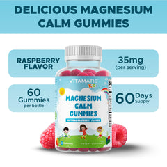 Vitamatic Kids Magnesium Calm Gummies two-pack display highlighting vegan formula for daily use.