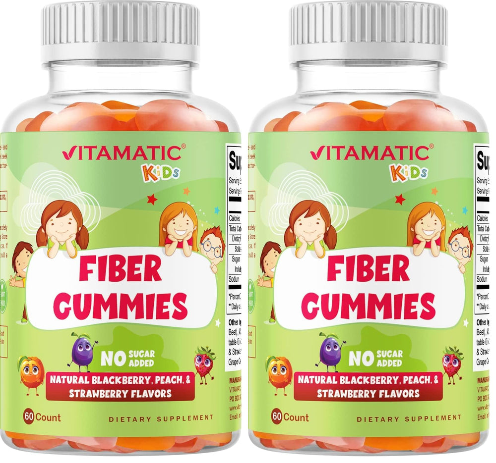 Vitamatic Kids Prebiotic Fiber Gummies bottle showing flavors and 4 g fiber per pack.
