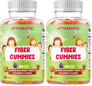 Vitamatic Kids Prebiotic Fiber Gummies bottle showing flavors and 4 g fiber per pack.