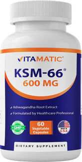 Vitamatic KSM-66 Ashwagandha bottle promotes daily energy and calm focus.