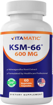 Vitamatic KSM-66 Ashwagandha bottle promotes daily energy and calm focus.