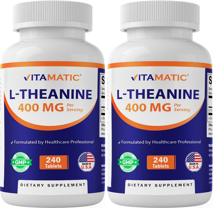 Vitamatic L-Theanine bottle closed, supporting a simple daily calm routine