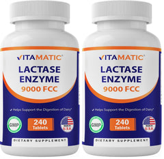 Vitamatic Lactase Enzyme 9000 bottle supports dairy digestion during meals