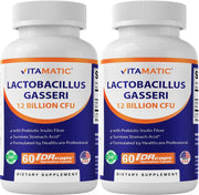 Vitamatic Lactobacillus Gasseri 12B CFU DR capsule bottle for digestive support.