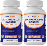 Vitamatic Lactobacillus Gasseri bottle front for digestive support with prebiotic fiber.