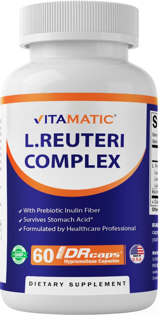 Vitamatic Lactobacillus Reuteri Complex bottle shown for daily gut balance.