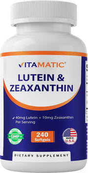 Vitamatic Lutein Zeaxanthin bottle highlights high-potency eye health formula.