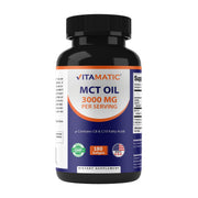 Vitamatic MCT Oil bottle close-up highlighting coconut-based C8 and C10 sources