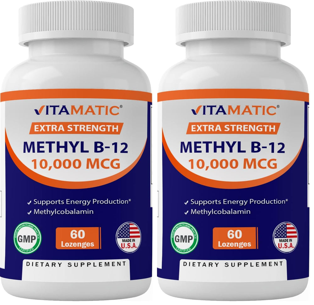 Vitamatic Methyl B12 lozenge close-up showing 10,000 mcg strength for energy support.