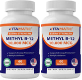 Vitamatic Methyl B12 lozenge close-up showing 10,000 mcg strength for energy support.