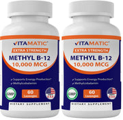 Vitamatic Methyl B12 lozenge close-up showing 10,000 mcg strength for energy support.