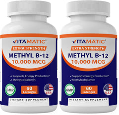 Vitamatic Methyl B12 lozenge close-up showing 10,000 mcg strength for energy support.