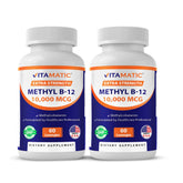 Vitamatic Methyl B12 lozenge front copy shows 10,000 mcg dosage and clear non-GMO branding.