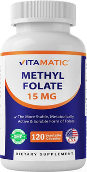 Vitamatic Methyl Folate 15mg bottle – high-potency folate in vegetable capsules.