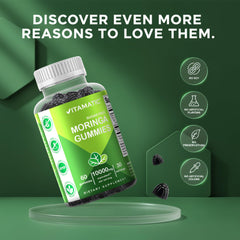 Vitamatic Moringa Gummies closeup texture highlights chewy plant-based goodness