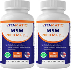 Vitamatic MSM 2000mg bottle front view, capsule form for joint support.