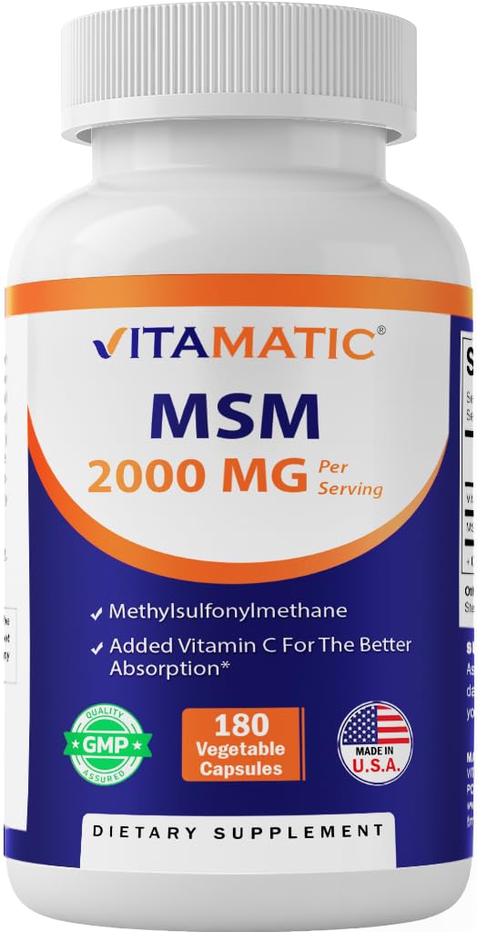 Vitamatic MSM 2000 mg bottle, non-GMO and gluten-free formula, on display