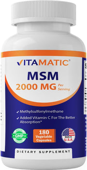 Vitamatic MSM 2000 mg bottle, non-GMO and gluten-free formula, on display