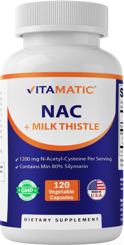 Vitamatic NAC Milk Thistle bottle showing antioxidant support potential