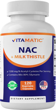 Vitamatic NAC Milk Thistle bottle showing antioxidant support potential