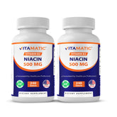 Vitamatic Niacin 500 mg bottle front view for steady energy metabolism support.