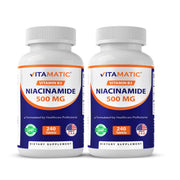 Vitamatic Niacinamide 500 mg tablets in bottle may support energy production